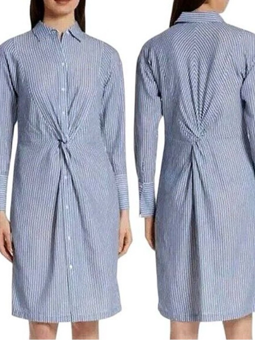 Vince Blue and White Striped Midi Shirt Dress with Twist Detail
